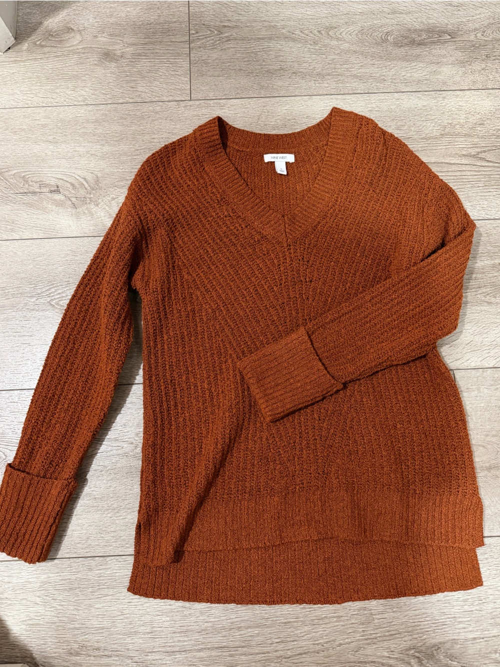 Nine West Ribbed Scoop-Neck Sweater in Rust Brown